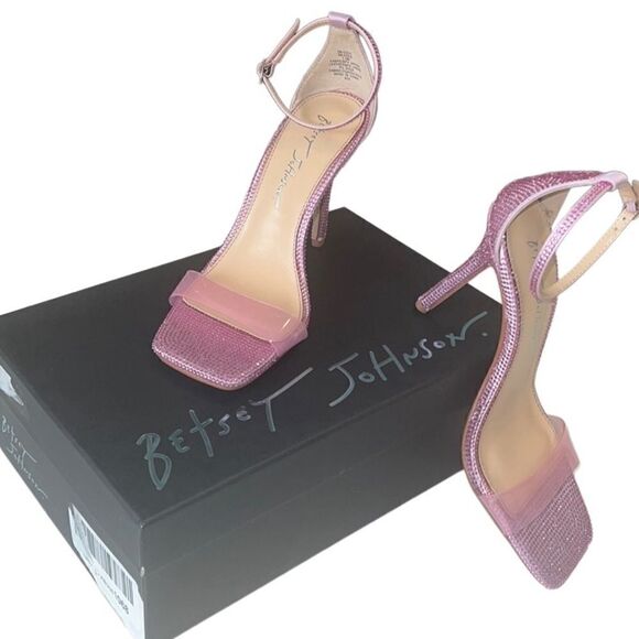 Betsey Johnson Pink Rhinestone Square Toe Ankle Strap Stiletto Heels Sz 7.5 - Picture 1 of 12